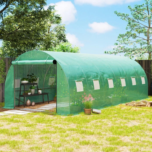 Polytunnel greenhouse with plastic cover and steel frame, walk-in greenhouse tent with roll-up doors, green