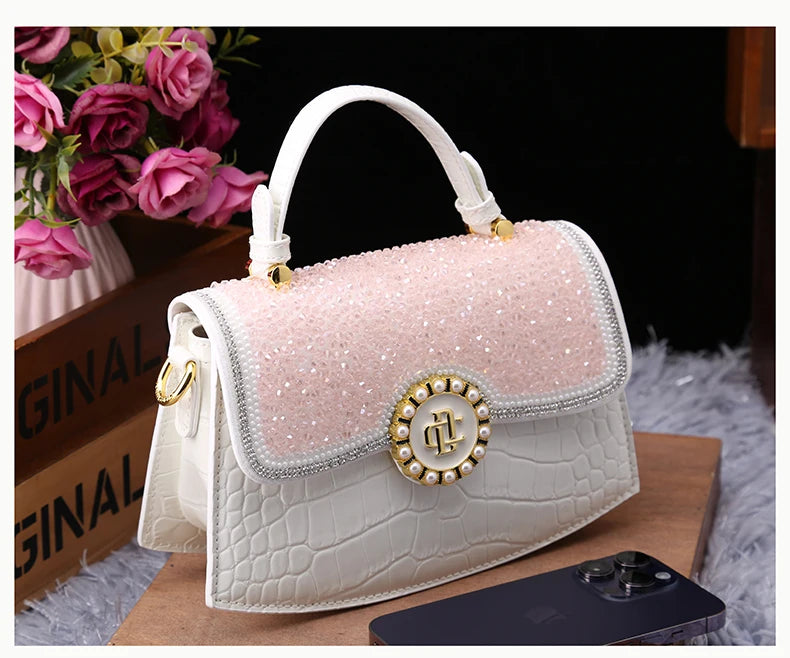 Fashion Diamonds Women Handbags 2023 Red Genuine Leather Lady Shoulder Messenger Bag Crocodile Pattern Portable Shell Tote Bags