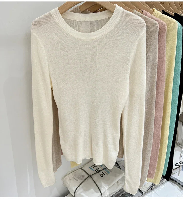 Spring  Basic O-Neck Slim T-Shirt Women Solid Multi Color All-Match Trend Casual Top Screw Knit Long Sleeve Elastic Office Lady