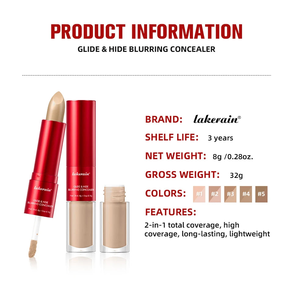 2 In 1 Glide & Hide Blurring Concealer Long-Lasting Full Coverage Foundation Waterproof Liquid Female Makeup for All Skin Types