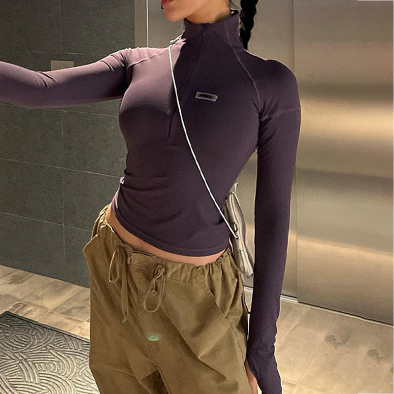 Women Y2K Tops Zipper Long Sleeve Causal Basic Skinny T Shirt Streetwear Solid Pullovers Harajuku Crop Tops Female Clothes