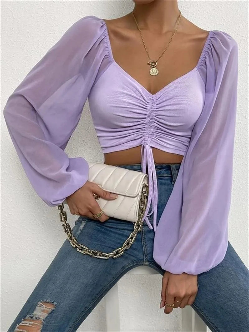 Drawstring Front Sheer Sleeve Crop T-Shirt Women Plunge Neck Long Sleeve Ribb-knit Ruched Blouse Sexy Top Spring Summer Outfit