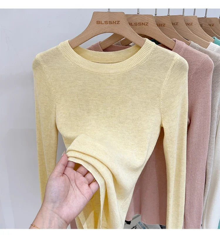 Spring  Basic O-Neck Slim T-Shirt Women Solid Multi Color All-Match Trend Casual Top Screw Knit Long Sleeve Elastic Office Lady
