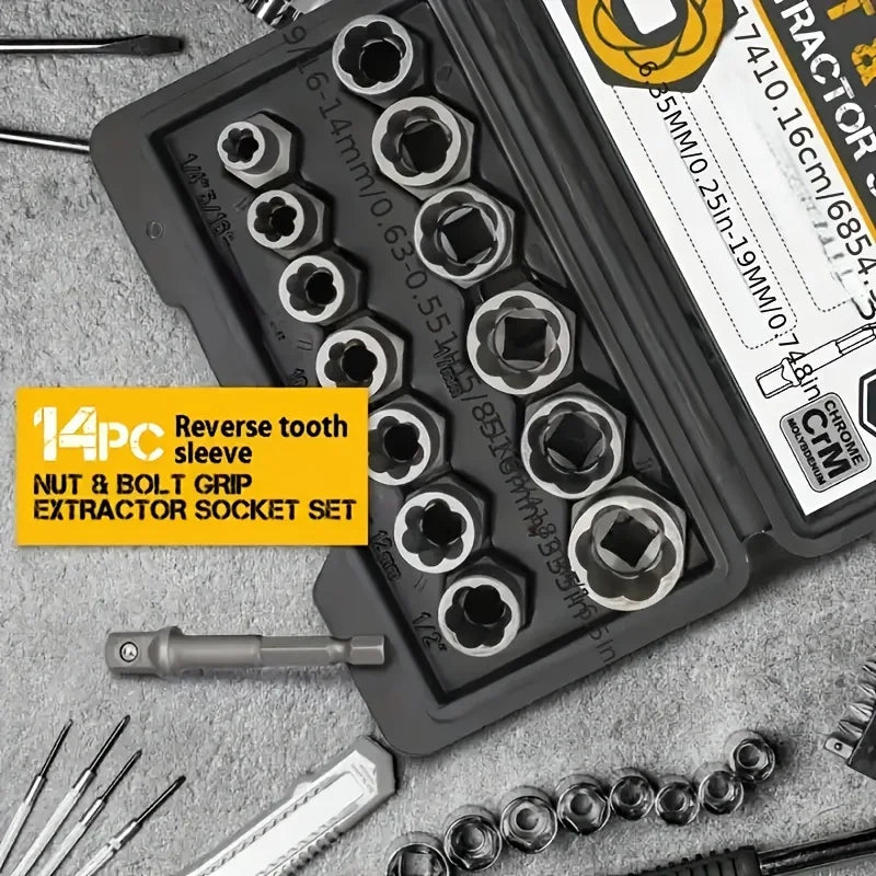14pcs Damaged Lmpact Socket Set, Nut And Bolt Extractor & Remover-Chrome Molybdenum Steel Extractors With Storage Box