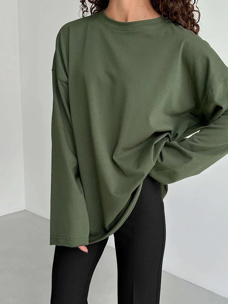 Blubelle Women Autumn 100% Cotton T-shirt Bottoming Spring Basic Fashionable Solid Lady Long Sleeve Loose Tops Shirts