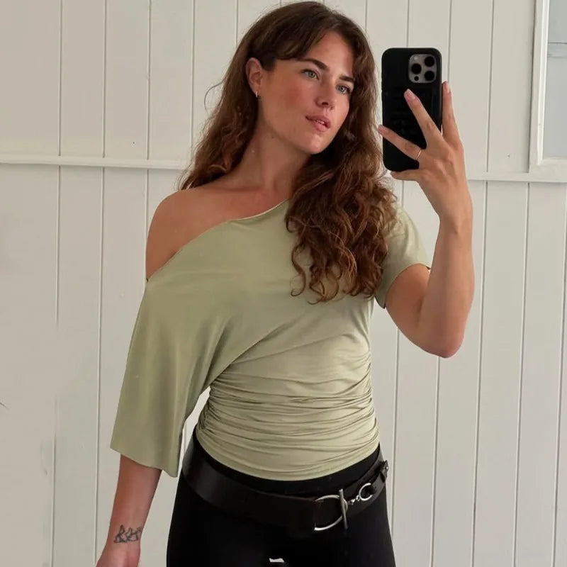 Talenza Summer One Shoulder Tops Fashion Slim Shrink Short Sleeve T-Shirts Sexy Party Y2k Streetwear Solid Pullover Tops Women