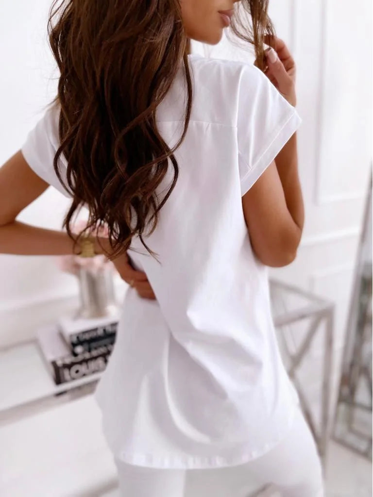 V-Neck Women's Sexy T-shirts Short Sleeve Breathable Simple White Tops T-shirt Solid Color Pullover Top