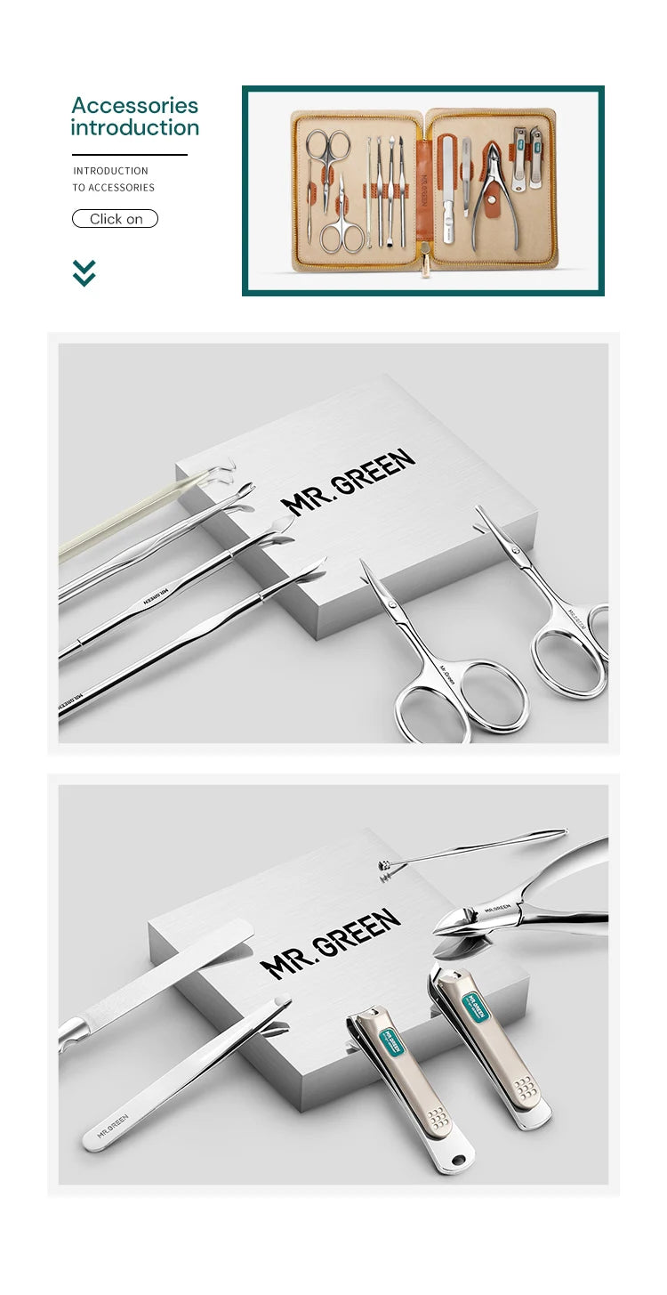 MR.GREEN Manicure Set 12 In 1 Full Function Kit Professional Stainless Steel Pedicure Sets With Leather Portable Case Idea Gift