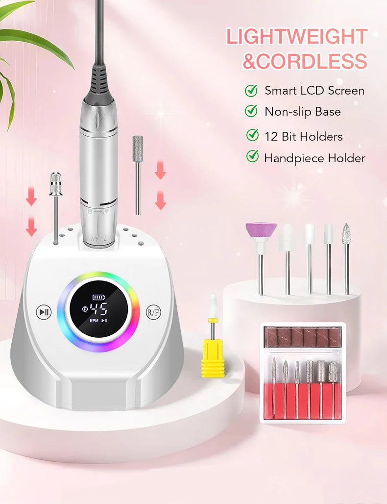 45000RPM Professional Rechargeable Electric Nail Drill Machine With Base Portable Cordless Nail File For Acrylic Gel Nail Remove