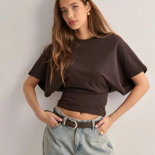 2025 Fashion Summer Simple Matching T-shirt Round Neck Pullover Tops Short Sleeve Waist Slim Solid Loose Casual Women's Cothing