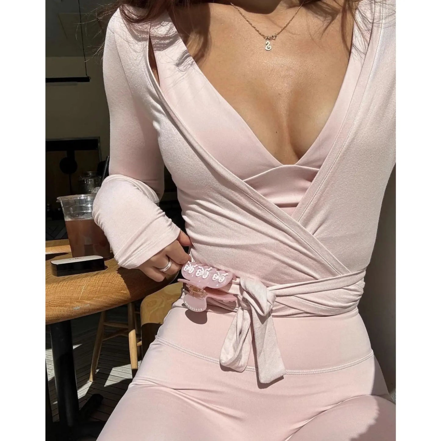 Women Cross Wrap Tie Crop Tops Yoga Shirts Long Sleeve Deep V Neck Solid Color Slim Fit Shirts Ladies Yoga Workout Blouses Tees