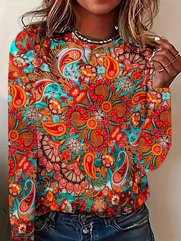 Daily Women's Warm Tops For Autumn And Winter 3D Flower-printed Fashionable Long-sleeved T-shirts Street-style Casual T-shirts