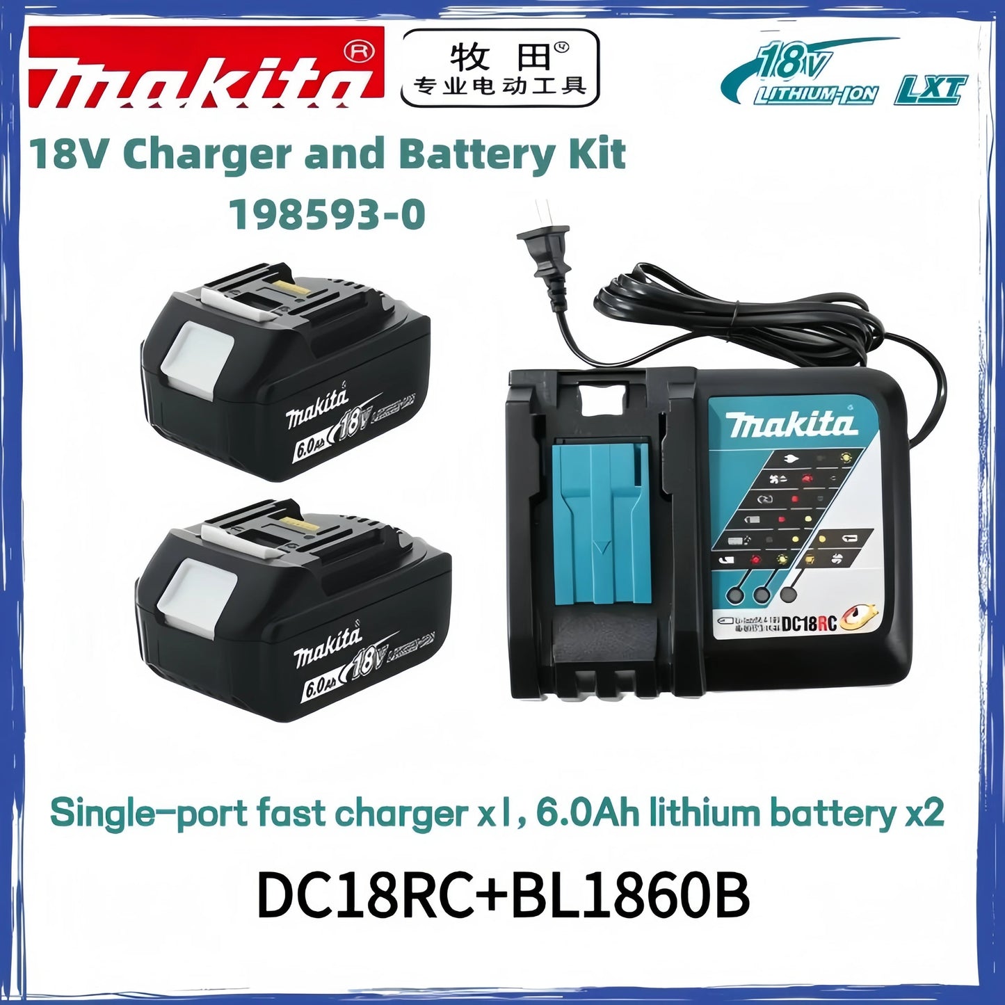 Original Makita 18V battery 6.0Ah Two Batteries One Charger Fast Charge DC18RC+BL1860B  makita outillages kit complet