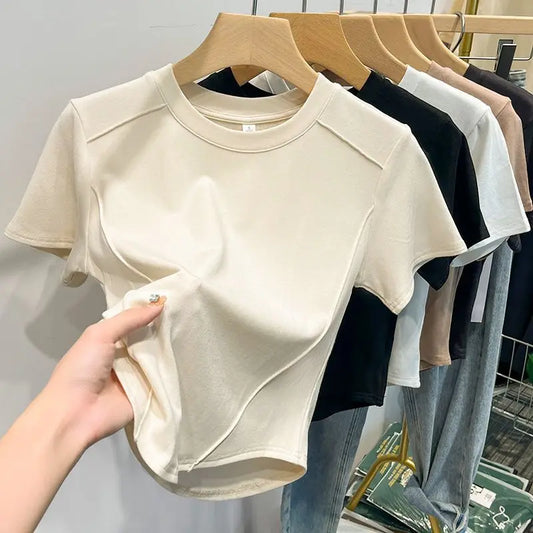 2026 Summer White T-shirt Cotton Female Short-sleeved Student Versatile Slim T-shirt Harajuku Crop Top Trend