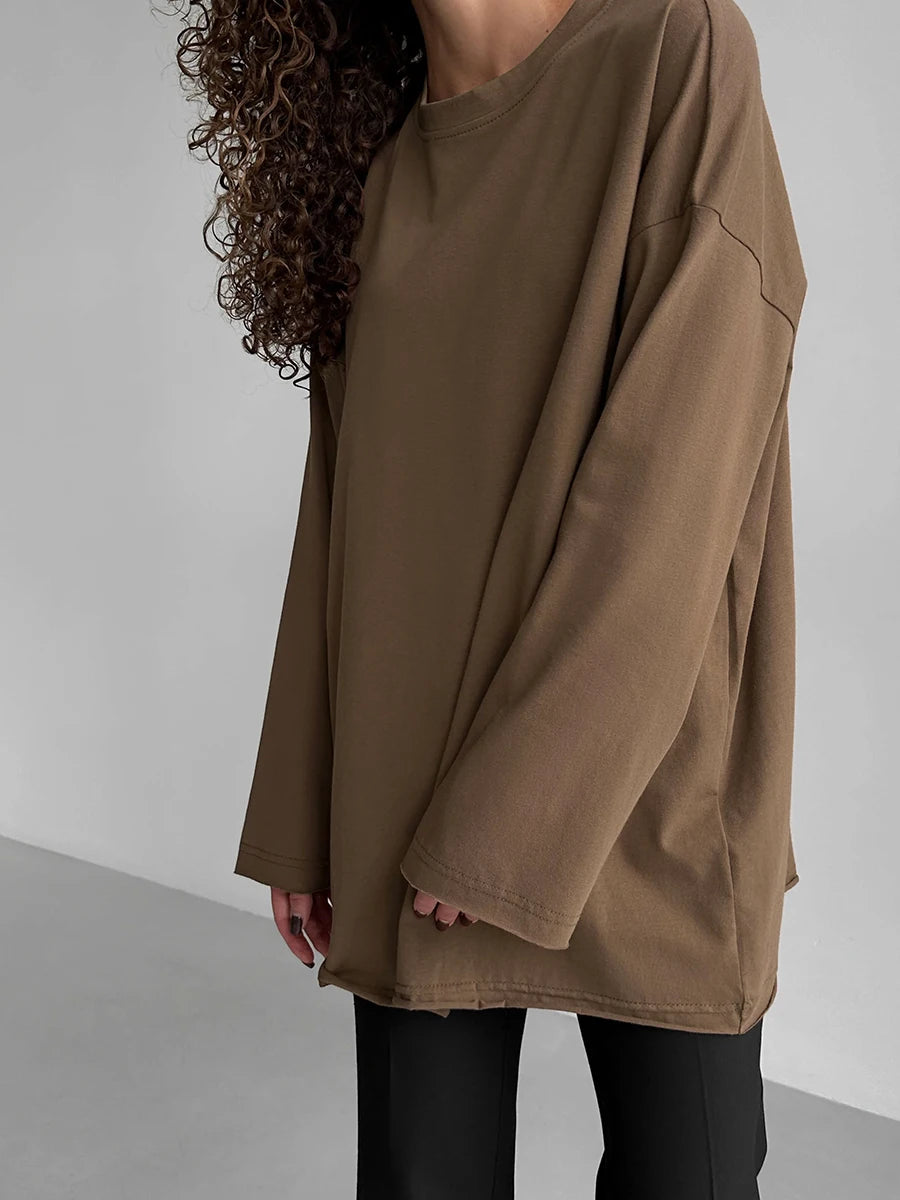 Blubelle Women Autumn 100% Cotton T-shirt Bottoming Spring Basic Fashionable Solid Lady Long Sleeve Loose Tops Shirts