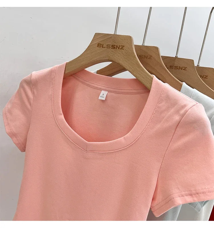 Zjaiss 2026 Summer High Quality Casual V-Neck Women T Shirt Sexy Slim Short Sleeves Fashion Trend Solid Clothing Y2k Tops