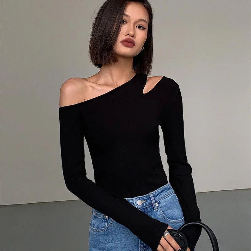 Fashion Skew Collar Off-shoulder Long-sleeved T-shirts Women Spring 2024 New Solid Slim Fit Crop Top Sexy Hollow Out Tees Shirts