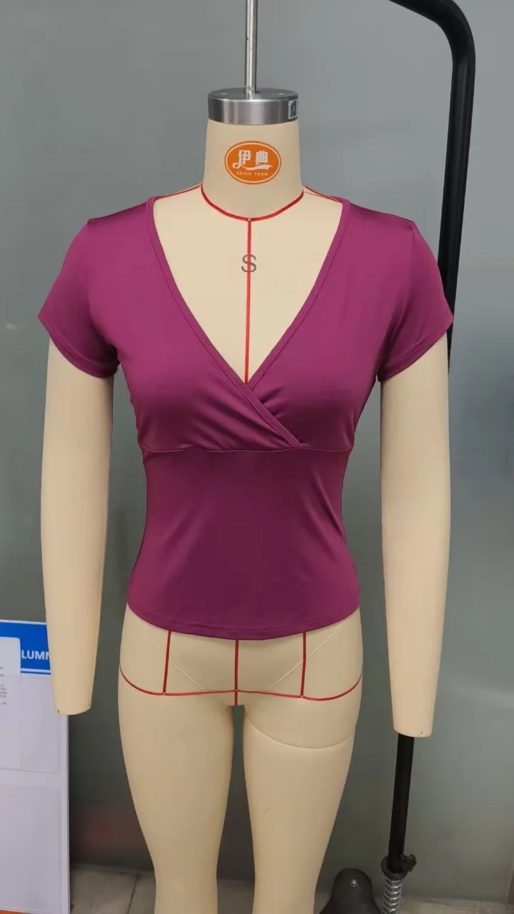 2025 Summer New Fashion Women's T-Shirt Solid-Color Slim-Fit V-Neck Short-Sleeve Top Y2k Clothing