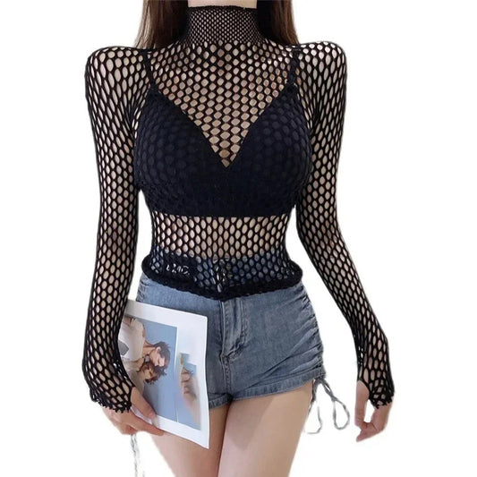 Womens Sexy Mesh Long Sleeve Fishnets Tops Fun Fashion Slim Fit Tops  Hollow Out See Through Loose Female T-shirts Crop soft Top