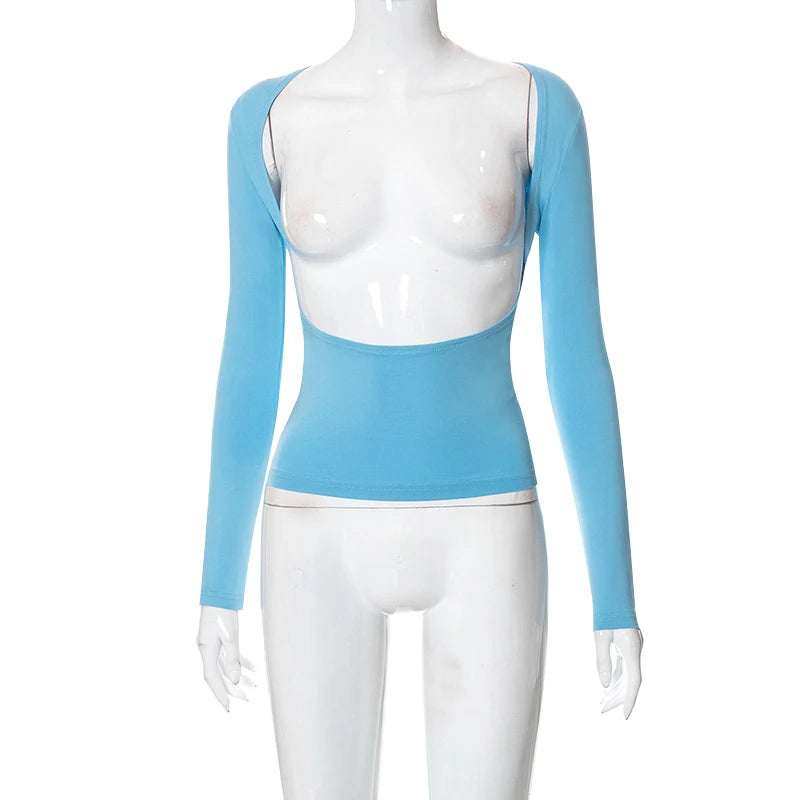 Backless Short Sleeve Blue Y2K Crop Top Women Casual O Neck  Summer T Shirts Sexy Vintage Cut Out