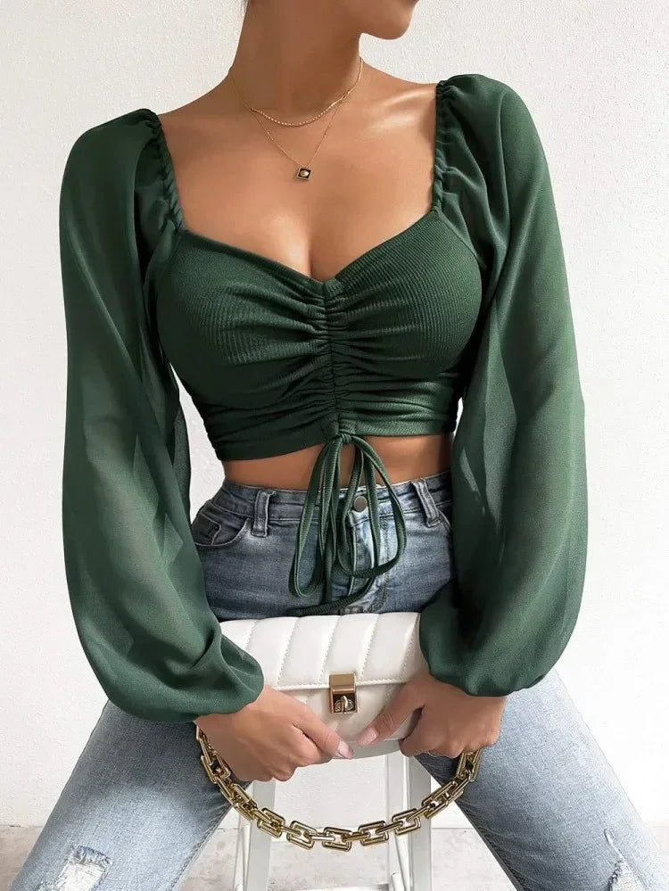 Sexy V-neck Women Blouses Drawstring Long Sleeve Crop Tops Ladies Fashion Summer Short Shirt Woman Clothes Blusas Camisas Mujer
