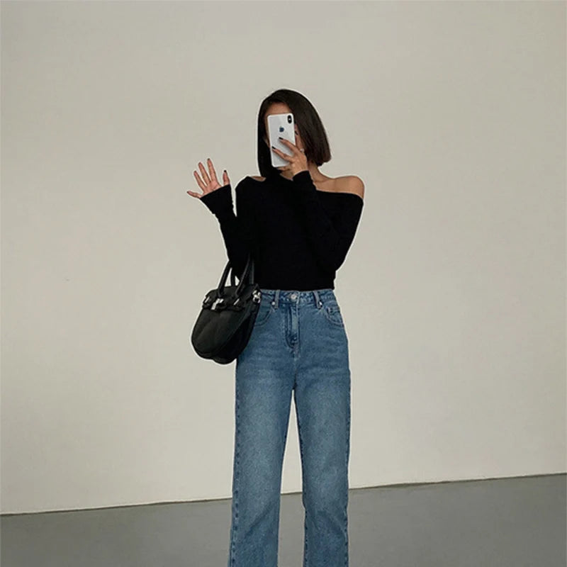 Fashion Skew Collar Off-shoulder Long-sleeved T-shirts Women Spring 2024 New Solid Slim Fit Crop Top Sexy Hollow Out Tees Shirts