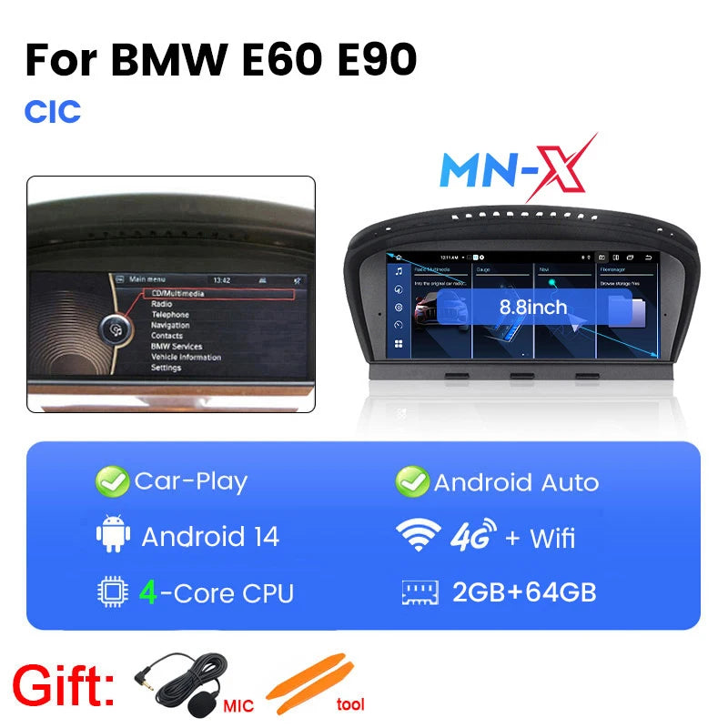 4G LTE 128GB Android 14 Car Multimedia Radio Player For BMW 3 Series E60 E61 E63 E64 5 Series E90 E91 E92 E93 CarPlay Navigation
