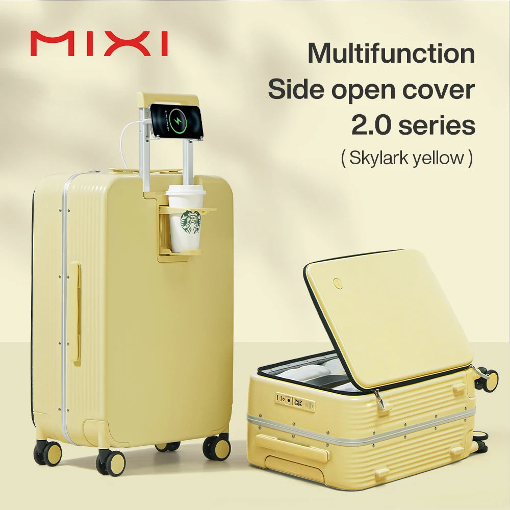 Mixi NEW Aluminum Frame Suitcase Carry On Rolling Luggage with USB Port Boarding Cabin Cup and Phone Holder 20 24 Inch