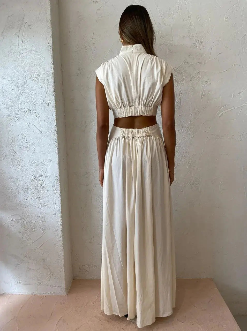 New Holiday Style, Solid Color Waist Empty And Sexy Waist Pleated Large Skirt Dress