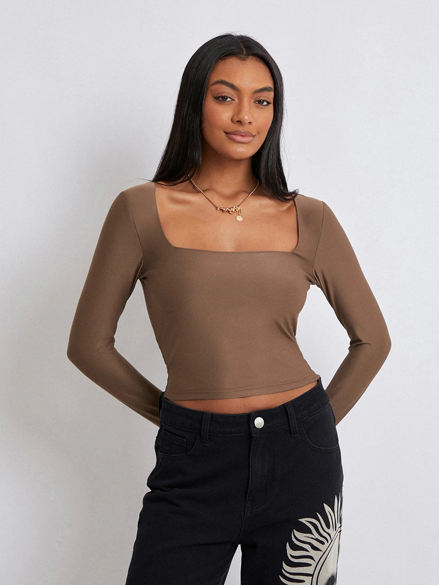 Women's Slim Fit Crop Tops Fashion Long Sleeve Square Neck Solid Color Pullover Basic T-Shirt Dressy Blouses 2024 New Streetwear