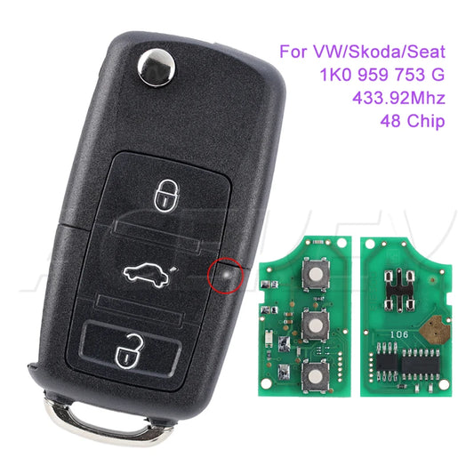 1K0959753G Car Remote Key Fob for VW VOLKSWAGEN Golf Jetta Caddy EOS SIROCCO Tiguan Touran Skoda ID48 chip 433Mhz Flip Key Box