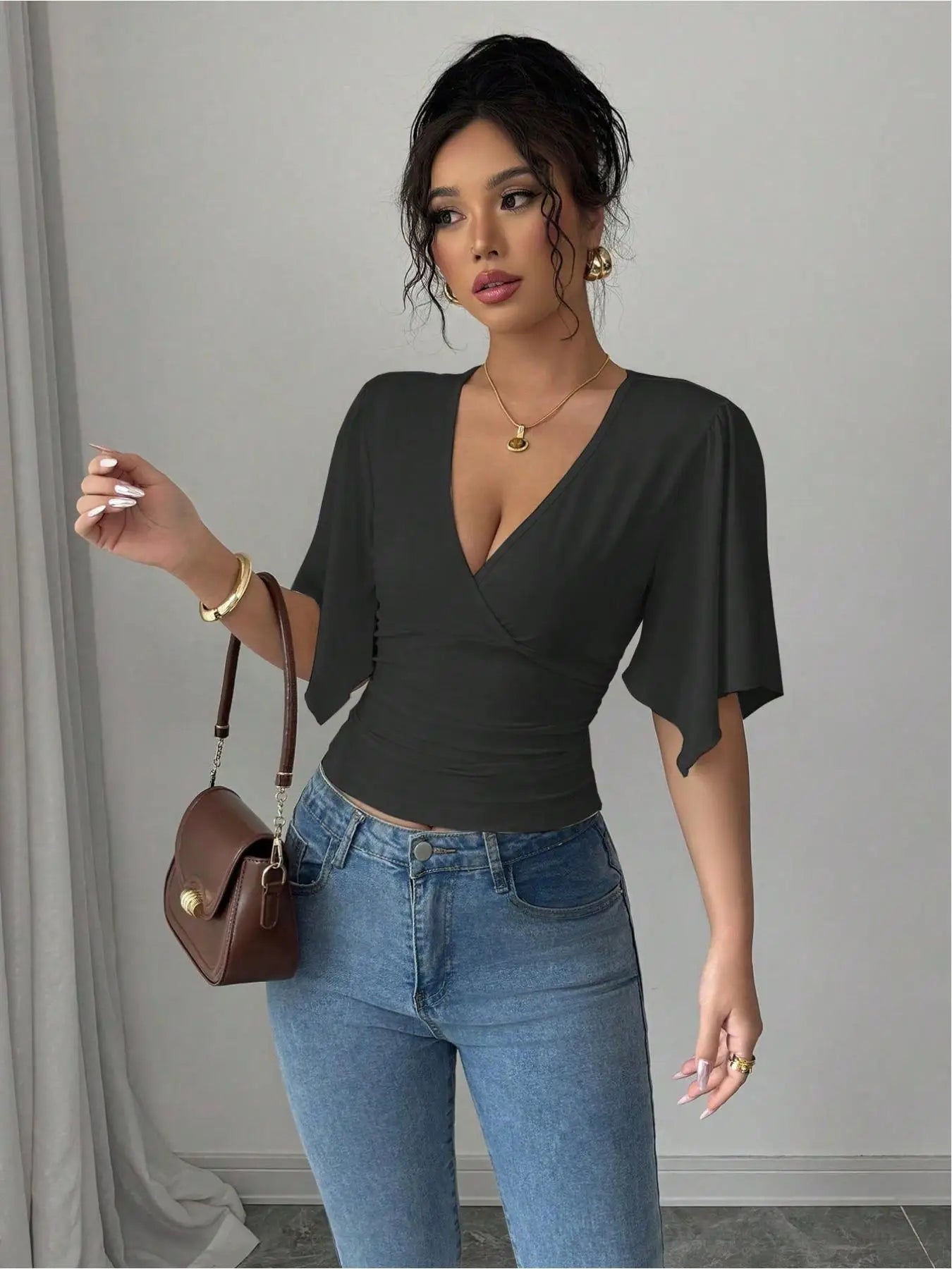 Elegant V-neck versatile trend big sleeve women's T-shirt two-piece set