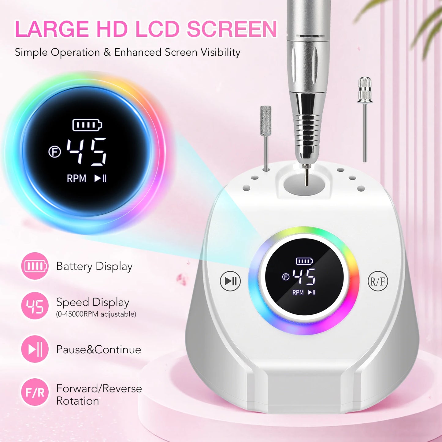 45000RPM Professional Rechargeable Electric Nail Drill Machine With Base Portable Cordless Nail File For Acrylic Gel Nail Remove