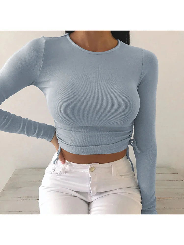 Sexy O-Neck Long Sleeve Bodycon Cropped Tops Autumn 2024 Women Irregular Drawstring Bandage Knitted Solid T-Shirt