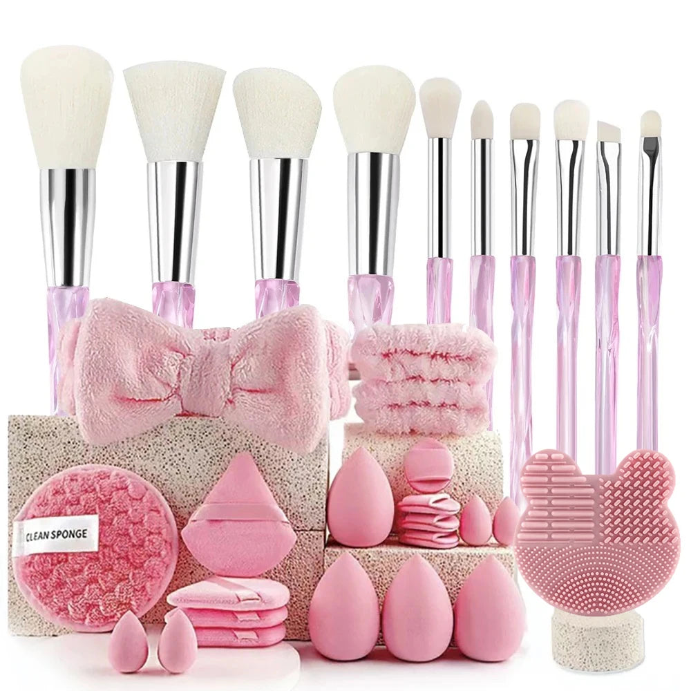 Makeup Brushes and Sponges Set, Pink Makeup Puff, Beauty Egg, Headband, Wristband Remover Kit, Makeup Tool, Gift 20-32pcs