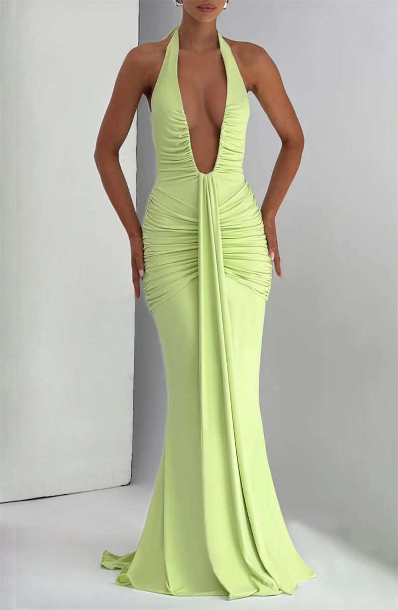 Mozision Deep V Neck Draped Ruched Sexy Maxi Dress Women Summer Fashion Halter Sleeveless Backless Club Party Long Dress Elegant