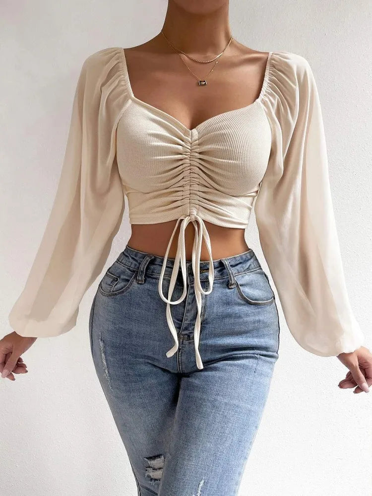 Drawstring Front Sheer Sleeve Crop T-Shirt Women Plunge Neck Long Sleeve Ribb-knit Ruched Blouse Sexy Top Spring Summer Outfit