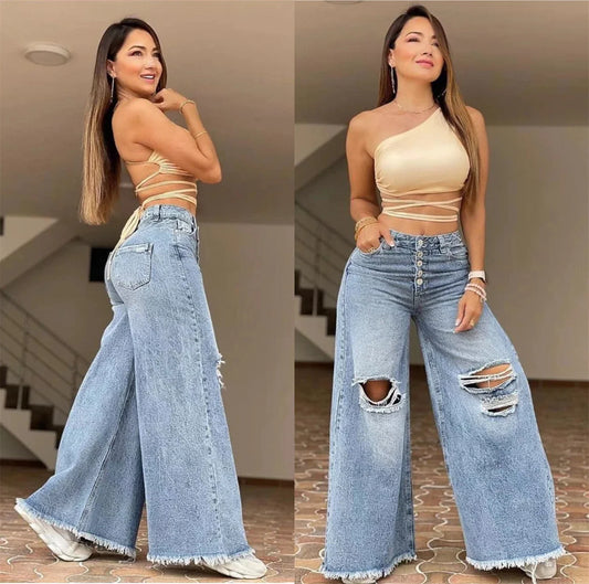 Women's XS-XL size 2024 Summer New High Waist Retro Loose Hole Wide Leg Pants Light Color Washed New Jeans Women's Pants jeans