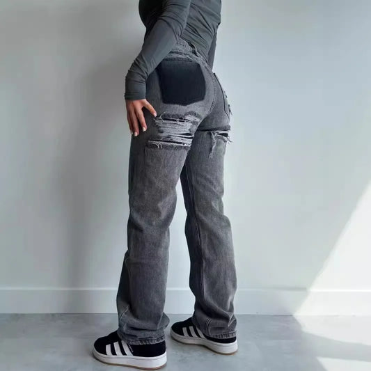 Ripped Jeans for Women Hole Pants Streetwear Low Waist Washed Distressed Pockets Denims 2025 Mom Jeans Vintage Straight Trousers