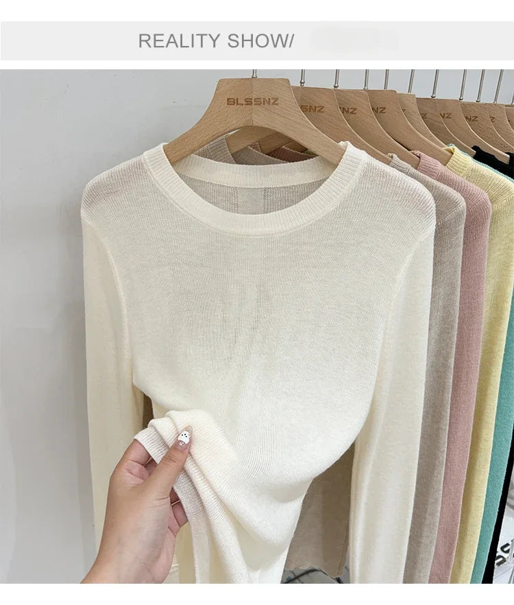 Spring  Basic O-Neck Slim T-Shirt Women Solid Multi Color All-Match Trend Casual Top Screw Knit Long Sleeve Elastic Office Lady