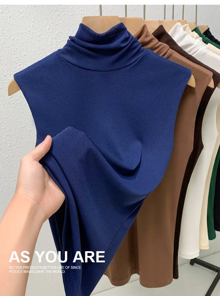 Elastic Mesh High Neck T-shirt New Women's Solid Color Plus Size Sleeveless Basic Top