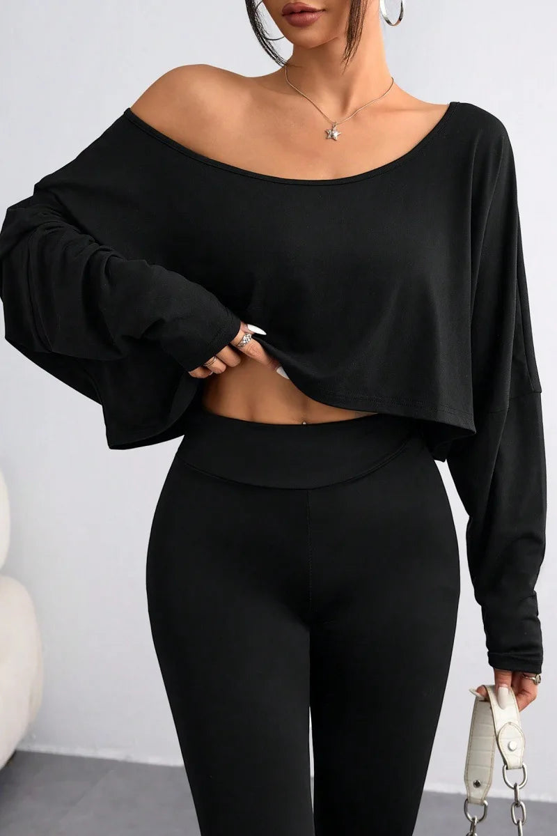 Spring 2025 Women's Loose Collar Base Fashion Crop T-Shirt Long Sleeve Casual Comfortable Line Neckline Solid Short Top