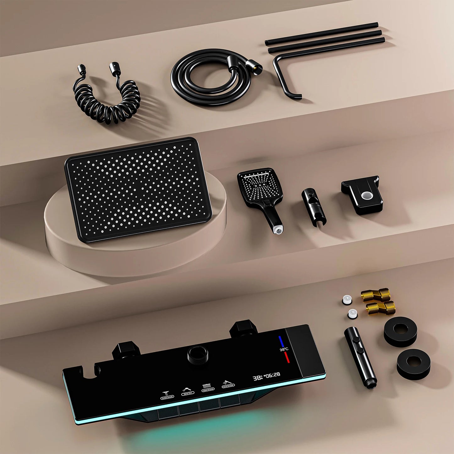 Bathroom shower Set with LED Digital Display Shower System Hot &Cold Mixer Tap Rainforest Overhead Shower Head Height-Adjustable