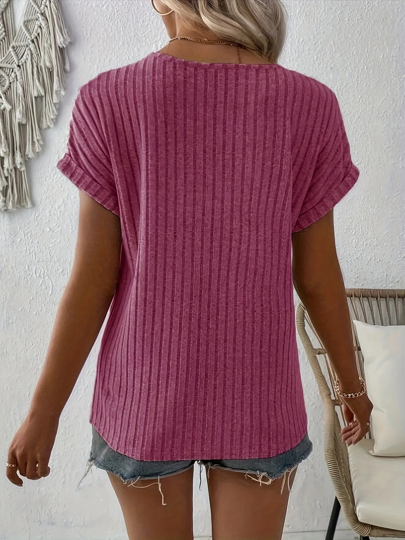 Spring/summer new solid color ribbed top V-neck button decorated elegant T-shirt ladies S-2XL