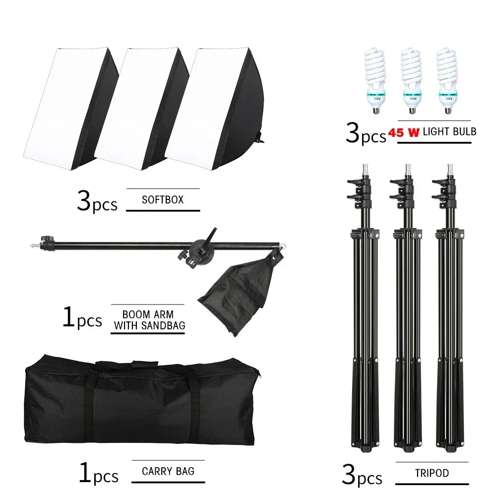 50x70CM Softbox Lights With Cross Arm E27 Photographic Bulbs Professional Photo Studio Continuous Lighting Kit With Tripod Stand