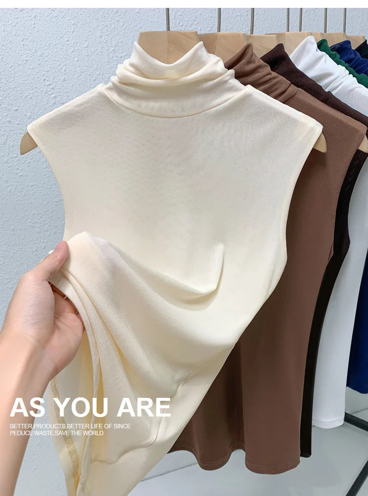 Elastic Mesh High Neck T-shirt New Women's Solid Color Plus Size Sleeveless Basic Top