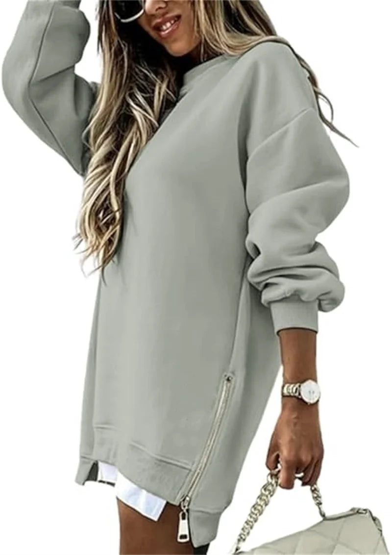 Women's  Spring Autumn Fashion Splicing Side Zipper Design Sweatshirt Round Neck Long Sleeved Mid Length Irregular  Tops