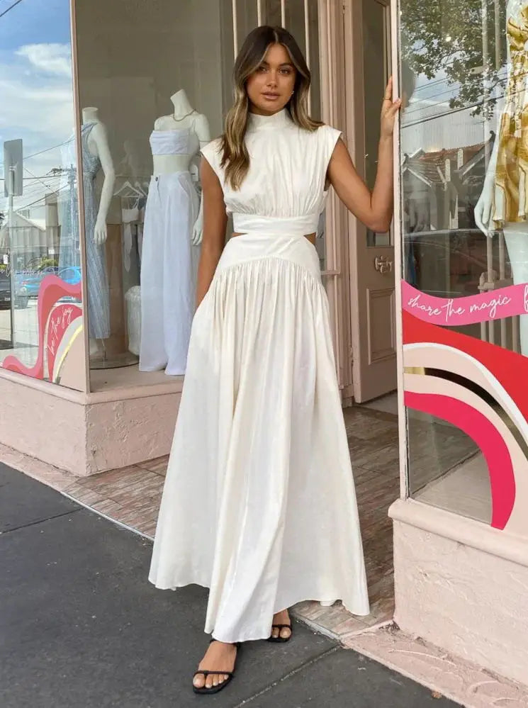 New Holiday Style, Solid Color Waist Empty And Sexy Waist Pleated Large Skirt Dress