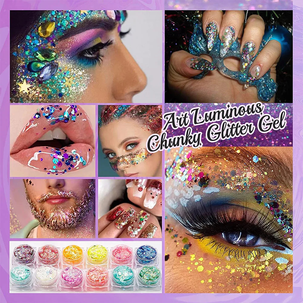 12 Colors Glitter Gel Makeup Glow in The Dark Body Glitter Gel UV Face Glitter for Women Festival Party Glitter Makeup Gel