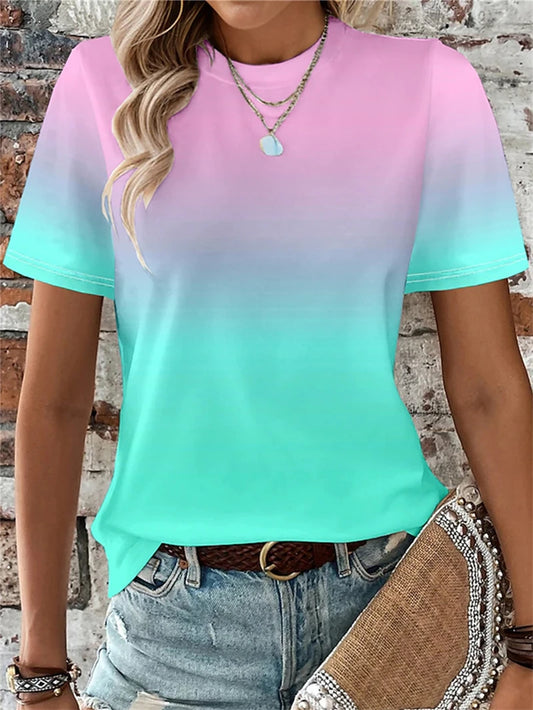 Women's Color Gradient Yellow Blue Orange Print T Shirt Female Classic Fashion Short Sleeve T-shirt Ladies O-neck Tops Tees